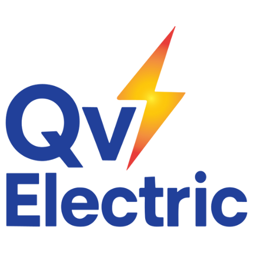 QV Electric logo with blue letters and yellow lightning bolt