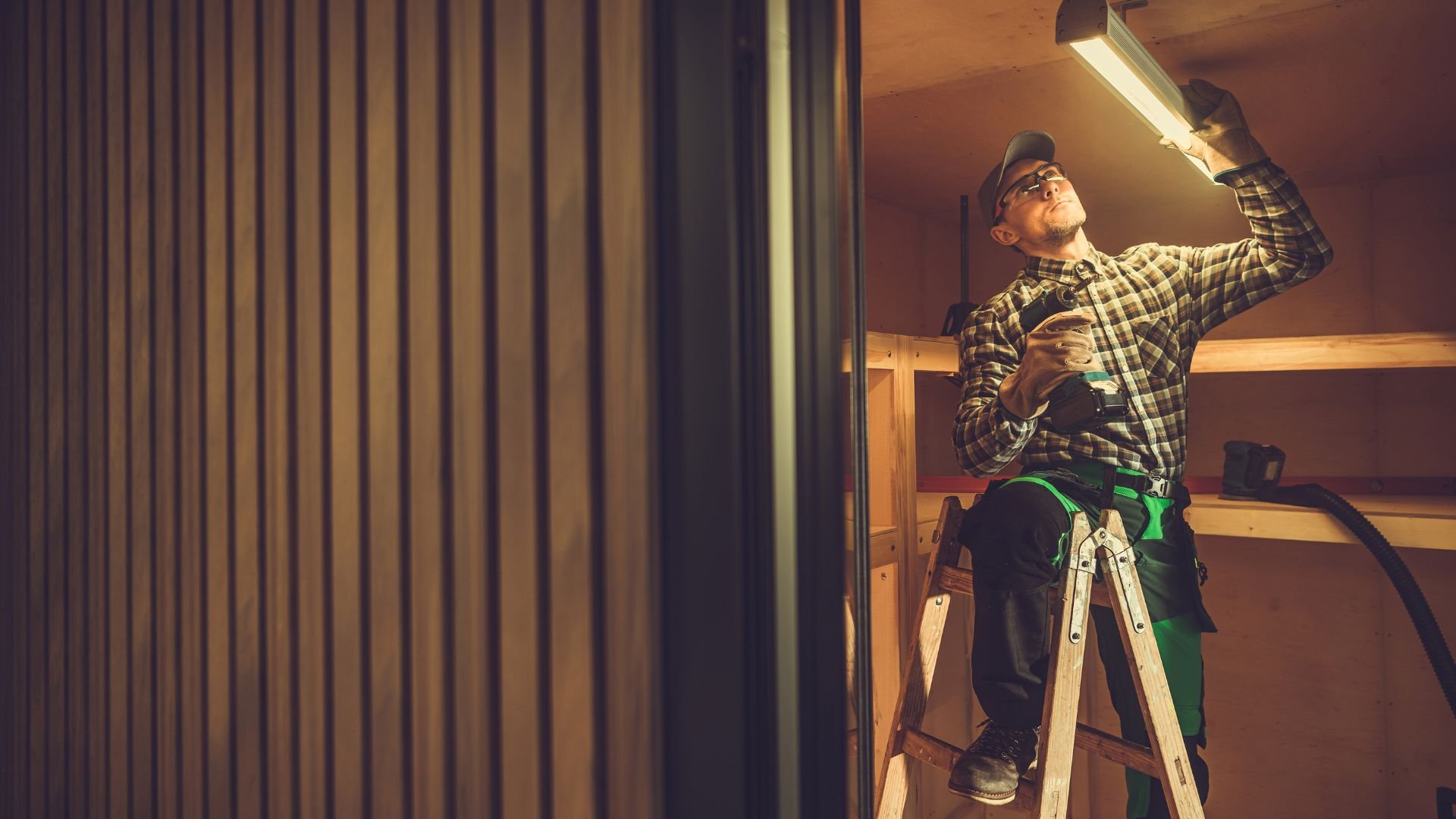 Worker on ladder installing light, wearing safety belt and plaid shirt