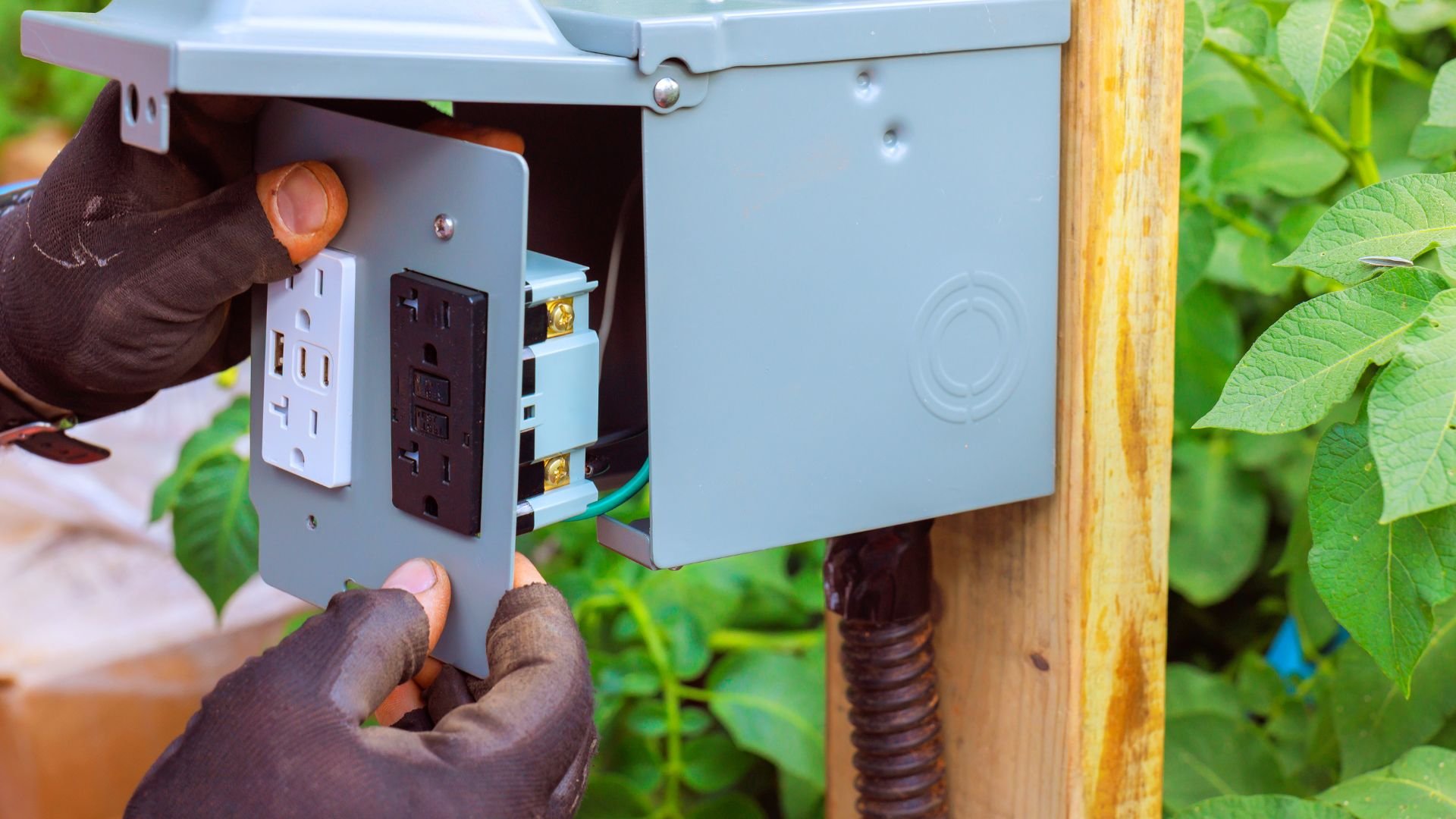 Electrician installing outdoor electrical outlet on wooden post